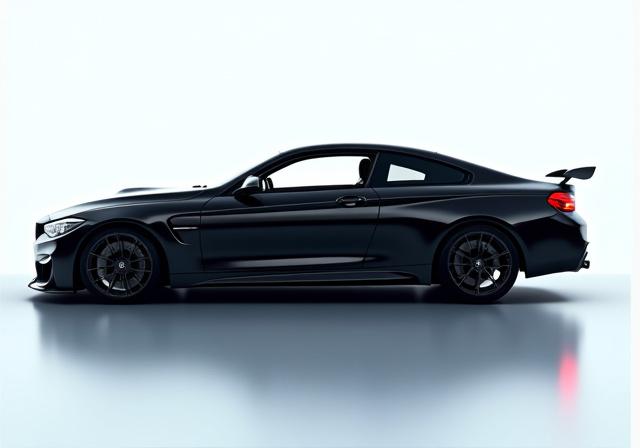 Profilo laterale di una BMW M4 nera lucida, che mostra la finitura a specchio