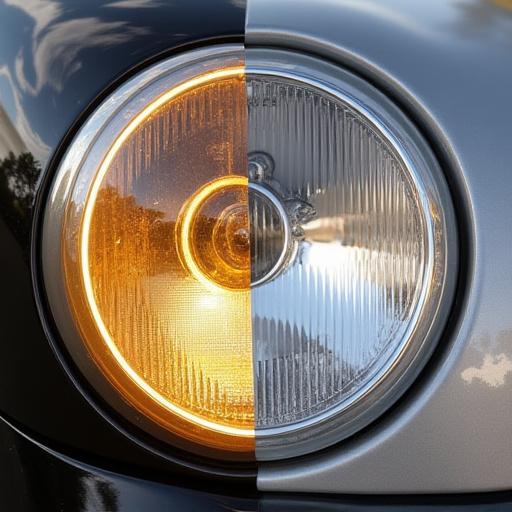 Confronto tra un faro d'auto opaco e ingiallito e lo stesso faro restaurato e trasparente