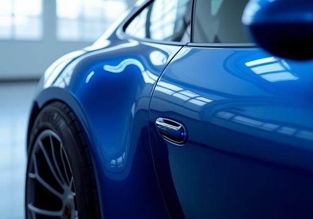 Porsche 911 blu notte dopo un trattamento ceramico, mostrando riflessi perfetti